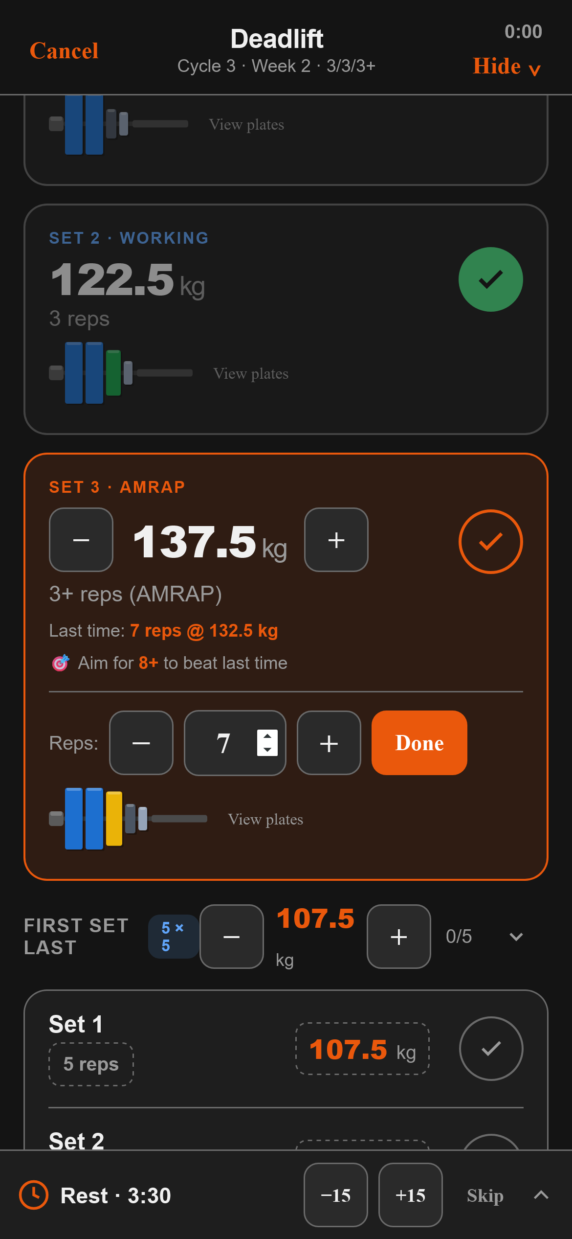 Titan workout screen — every set pre-calculated